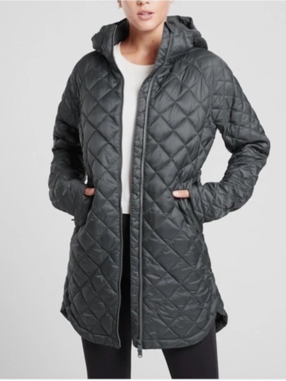 Athleta Whisper Featherless Parka Black Quilted Hooded Jacket Petite Medium PM